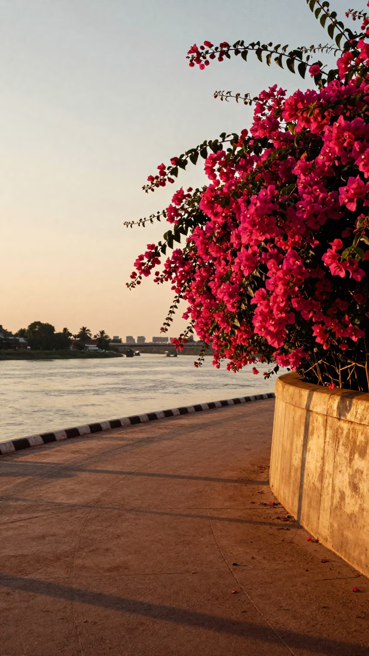 Phnom Penh Cambodia Honeyed Evening Light Bougainvillea and River View in in Phnom Penh, Cambodia