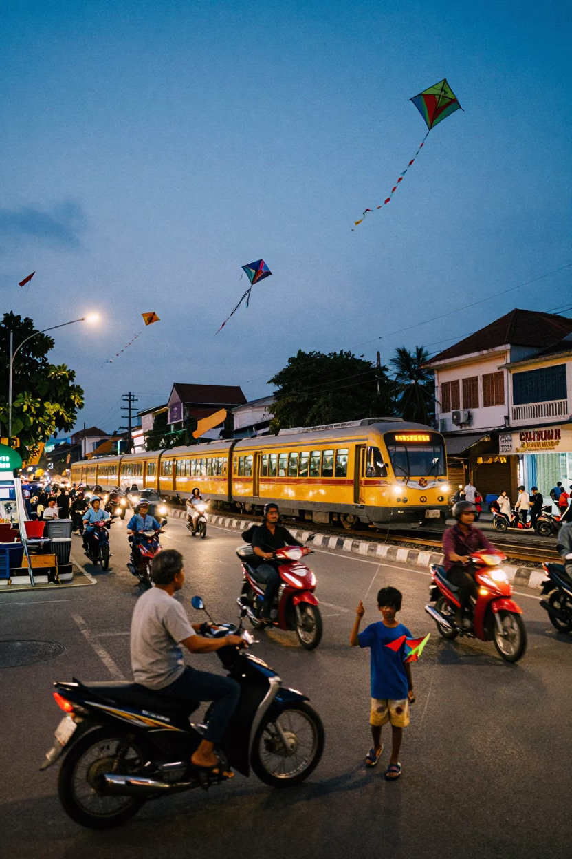 Phnom Penh Cambodia indigo twilight busy street scene with kites and monorail in background in in Phnom Penh, Cambodia
