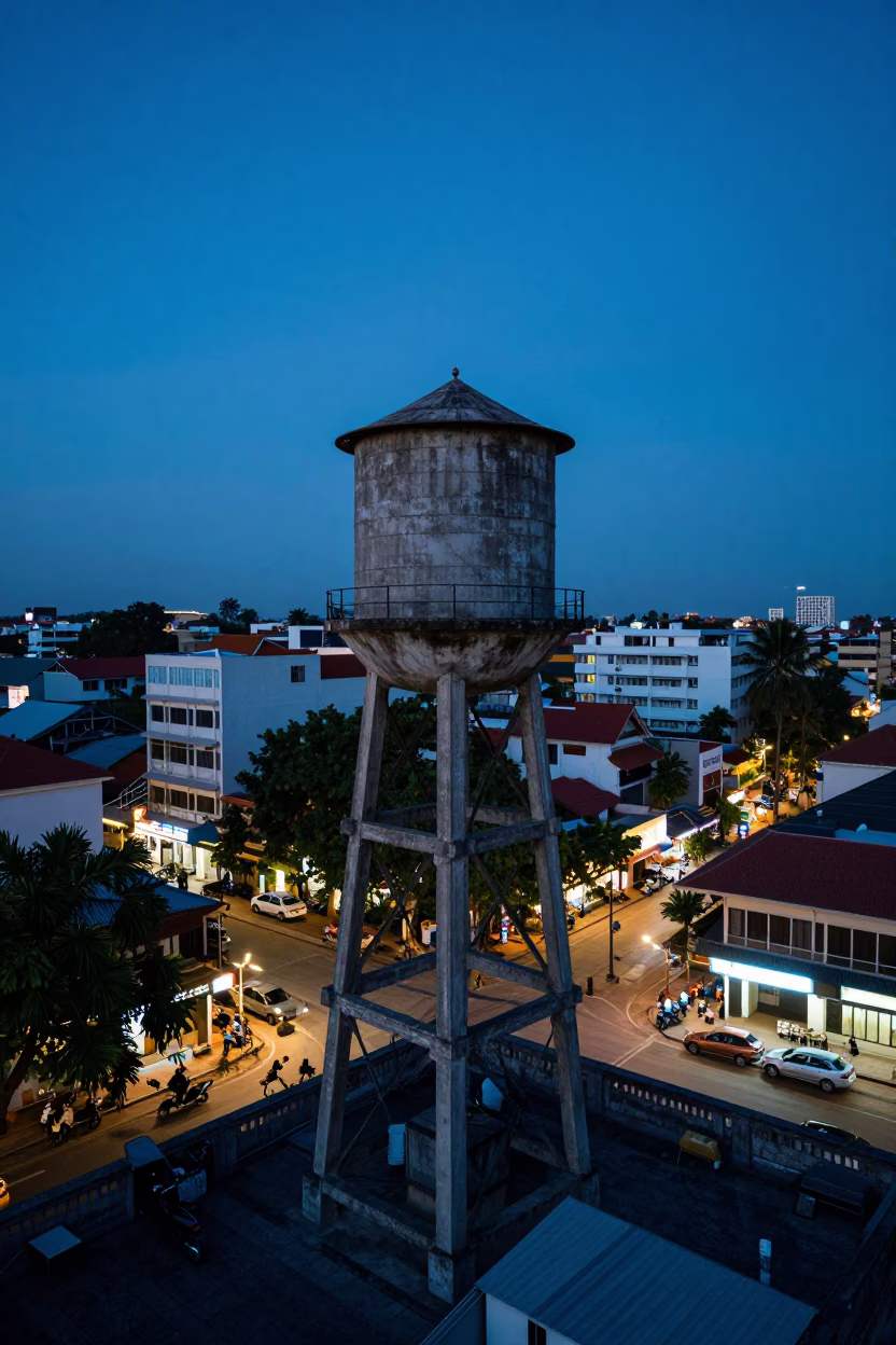 Phnom Penh Cambodia indigo twilight rooftop water tower and street life in in Phnom Penh, Cambodia