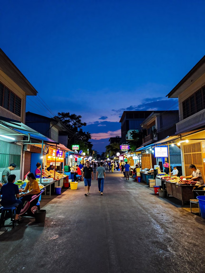 Phnom Penh Cambodia indigo twilight street scene with local vendors and traditional architecture in in Phnom Penh, Cambodia