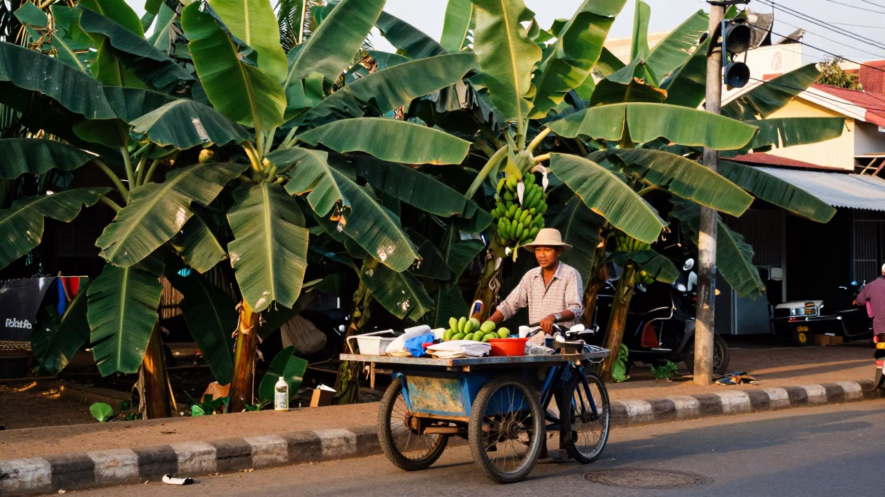 Phnom Penh Cambodia Late Afternoon Street Scene with Banana Plantation and Local Vendor in in Phnom Penh, Cambodia
