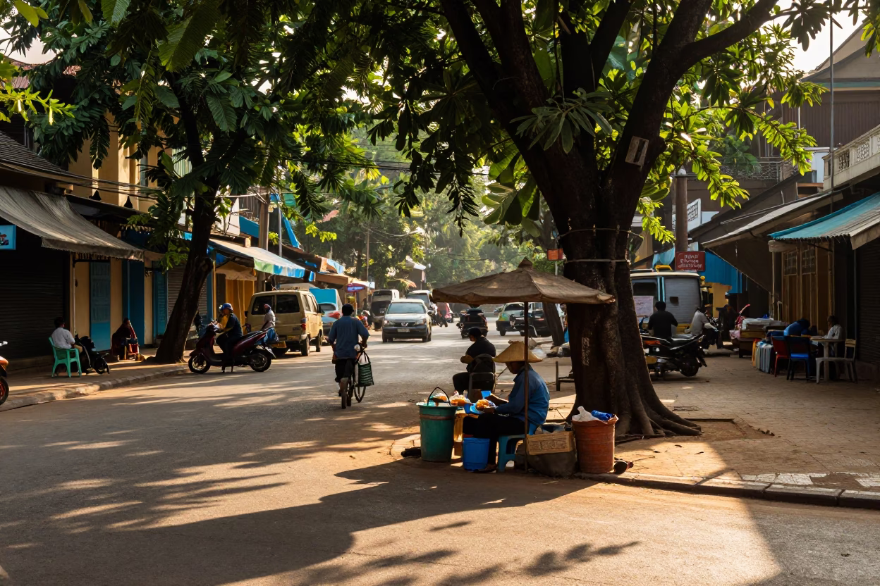 Phnom Penh Cambodia Late Afternoon Street Scene with Local Vendor and Traditional Elements in in Phnom Penh, Cambodia