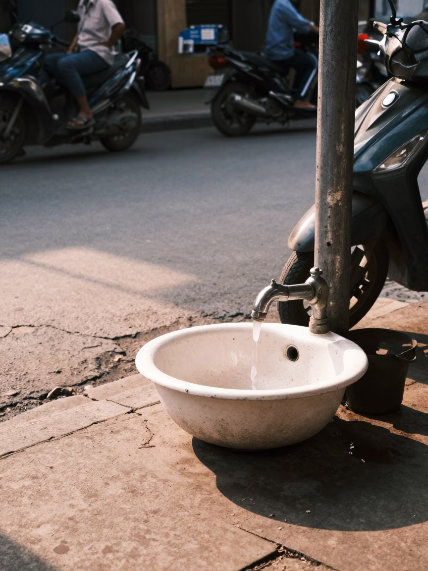 Phnom Penh Cambodia Late Morning Street Scene with Wash Basin and Local Life in in Phnom Penh, Cambodia