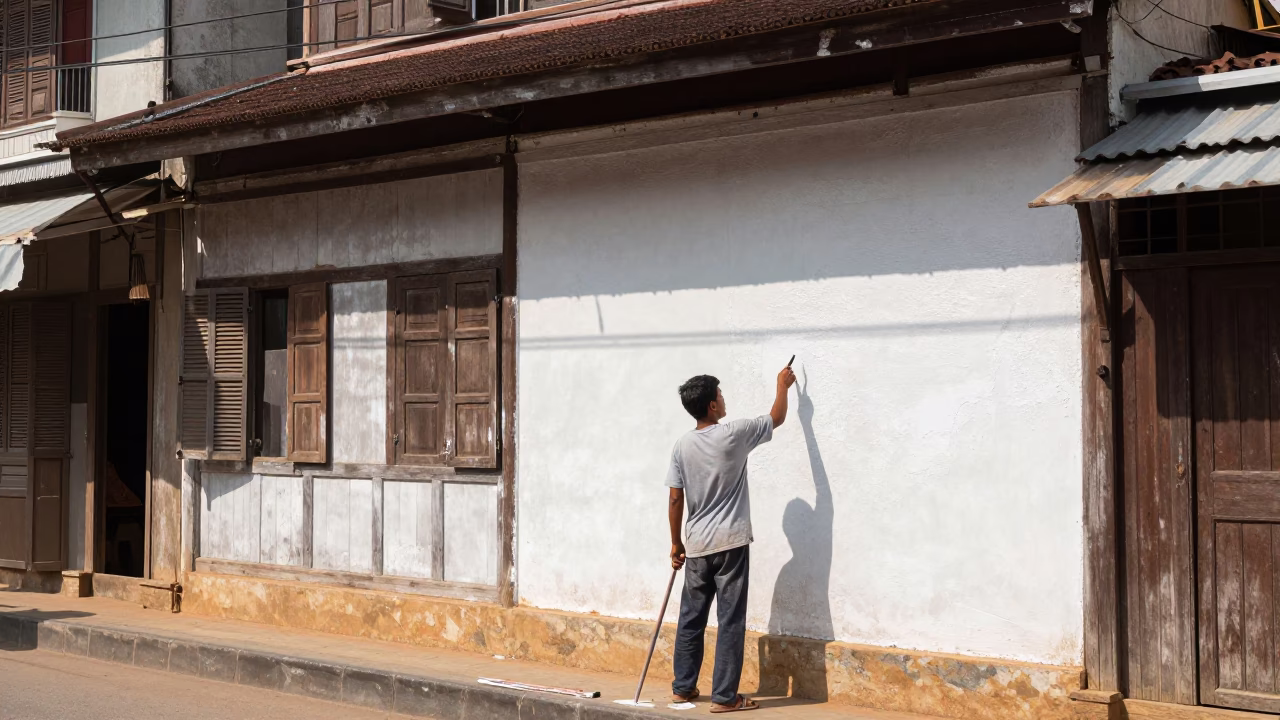 Phnom Penh Cambodia Midday Street Scene with Painter Whitewashing House Wall in in Phnom Penh, Cambodia