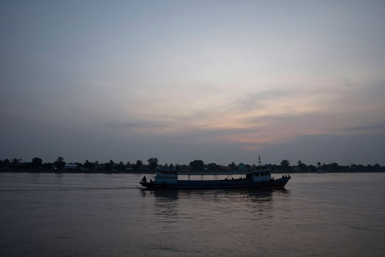 Phnom Penh Cambodia Nautical Dawn Chain Ferry Crossing Mekong River in in Phnom Penh, Cambodia