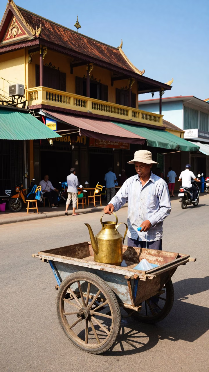 Phnom Penh Cambodia noon street scene with water vendor and traditional transport in in Phnom Penh, Cambodia