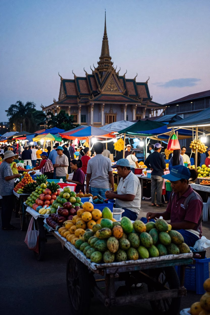 Phnom Penh Cambodia Pre-Dawn Street Market Activity Near Royal Palace in in Phnom Penh, Cambodia