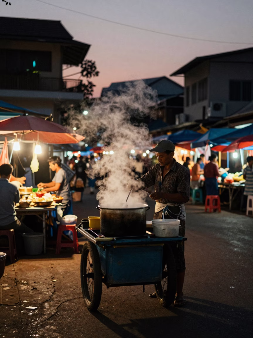 Phnom Penh Cambodia Predawn Street Market Steam and Morning Routine in in Phnom Penh, Cambodia