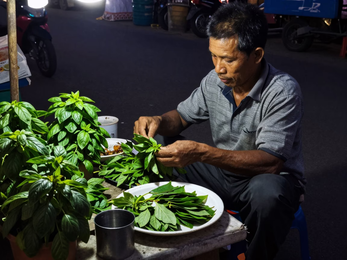 Phnom Penh Cambodia Predawn Street Market Vendor Selling Fresh Basil Leaves and Ceramic Dishes in in Phnom Penh, Cambodia