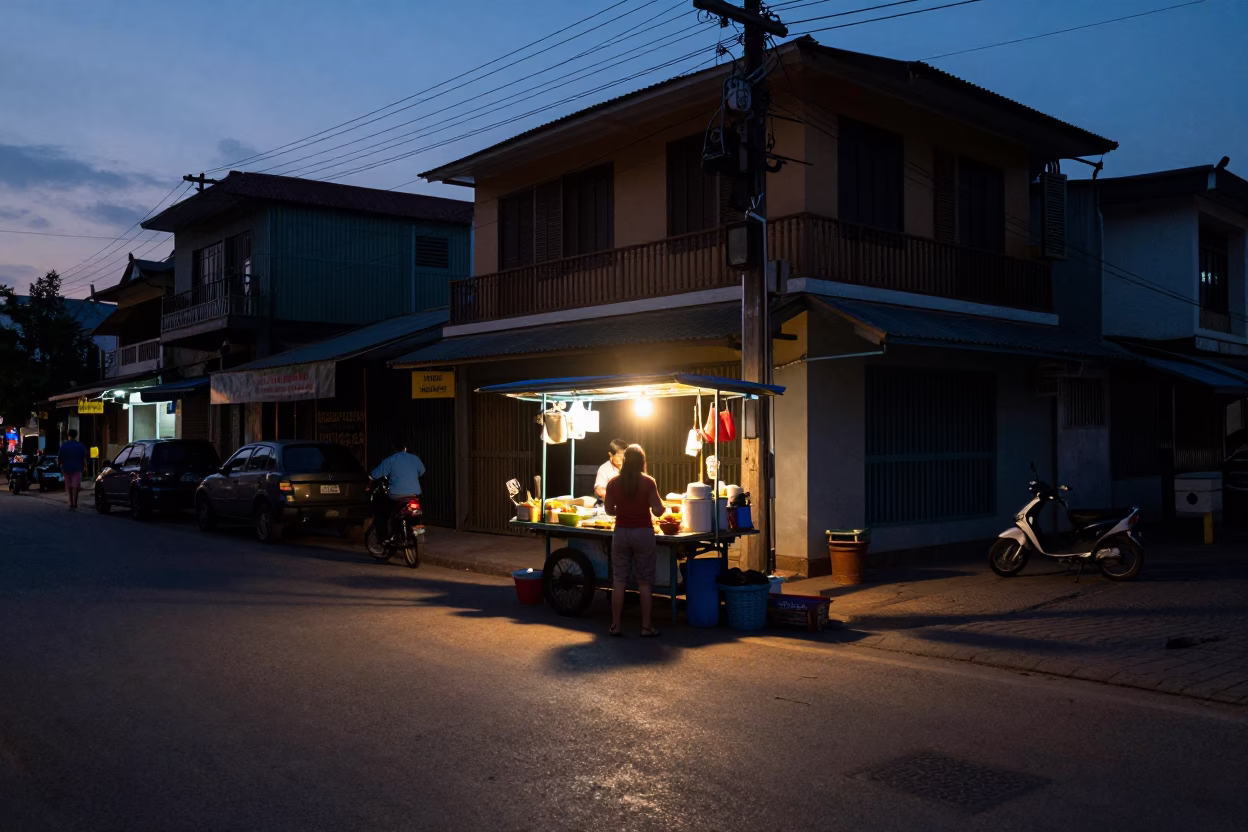 Phnom Penh Cambodia predawn street scene with food vendor and local life in in Phnom Penh, Cambodia