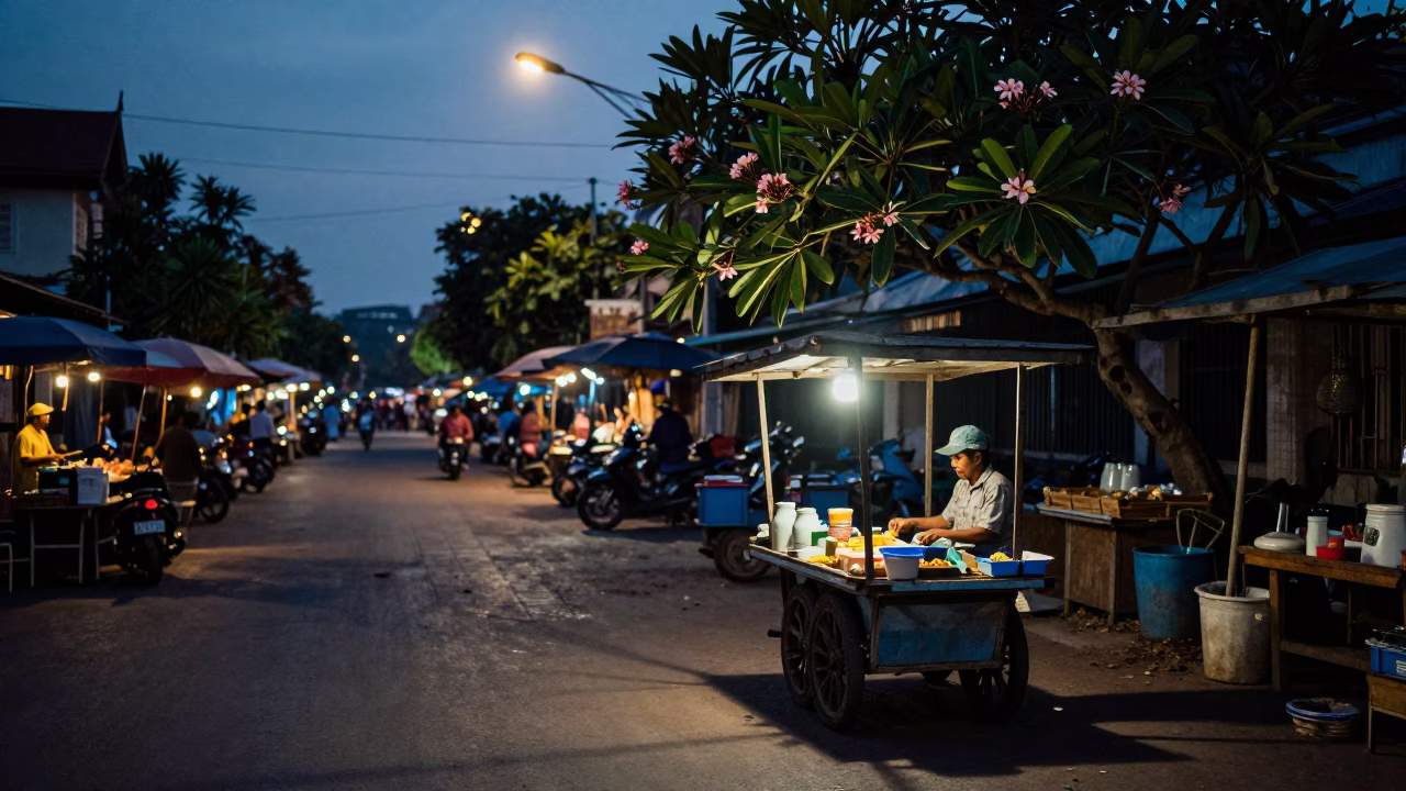Phnom Penh Cambodia Predawn Street Scene with Frangipani and Vintage Market Stall in in Phnom Penh, Cambodia