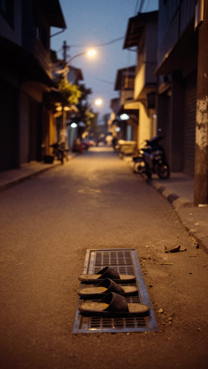 Phnom Penh Cambodia Predawn Street Scene with Slippers and Glass Drain in in Phnom Penh, Cambodia