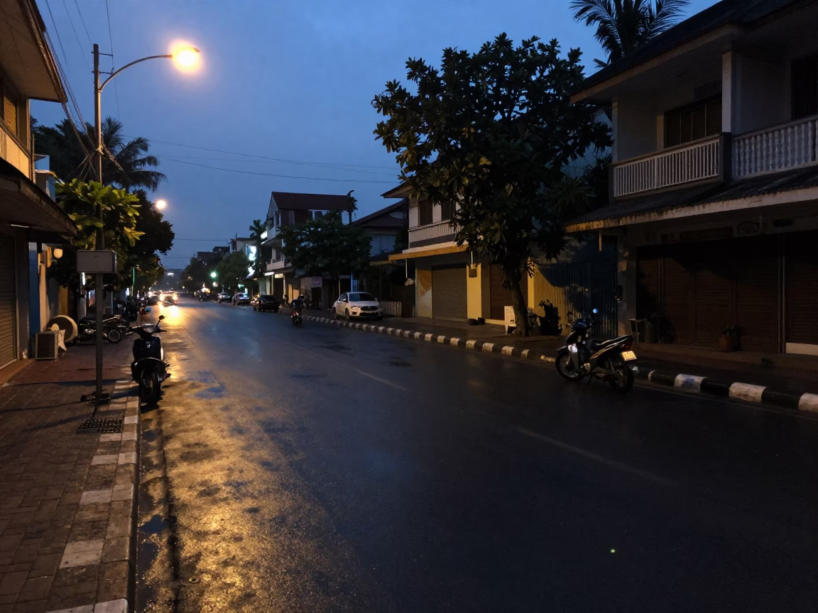 Phnom Penh Cambodia predawn street scene with wet asphalt and distant temple spires in in Phnom Penh, Cambodia