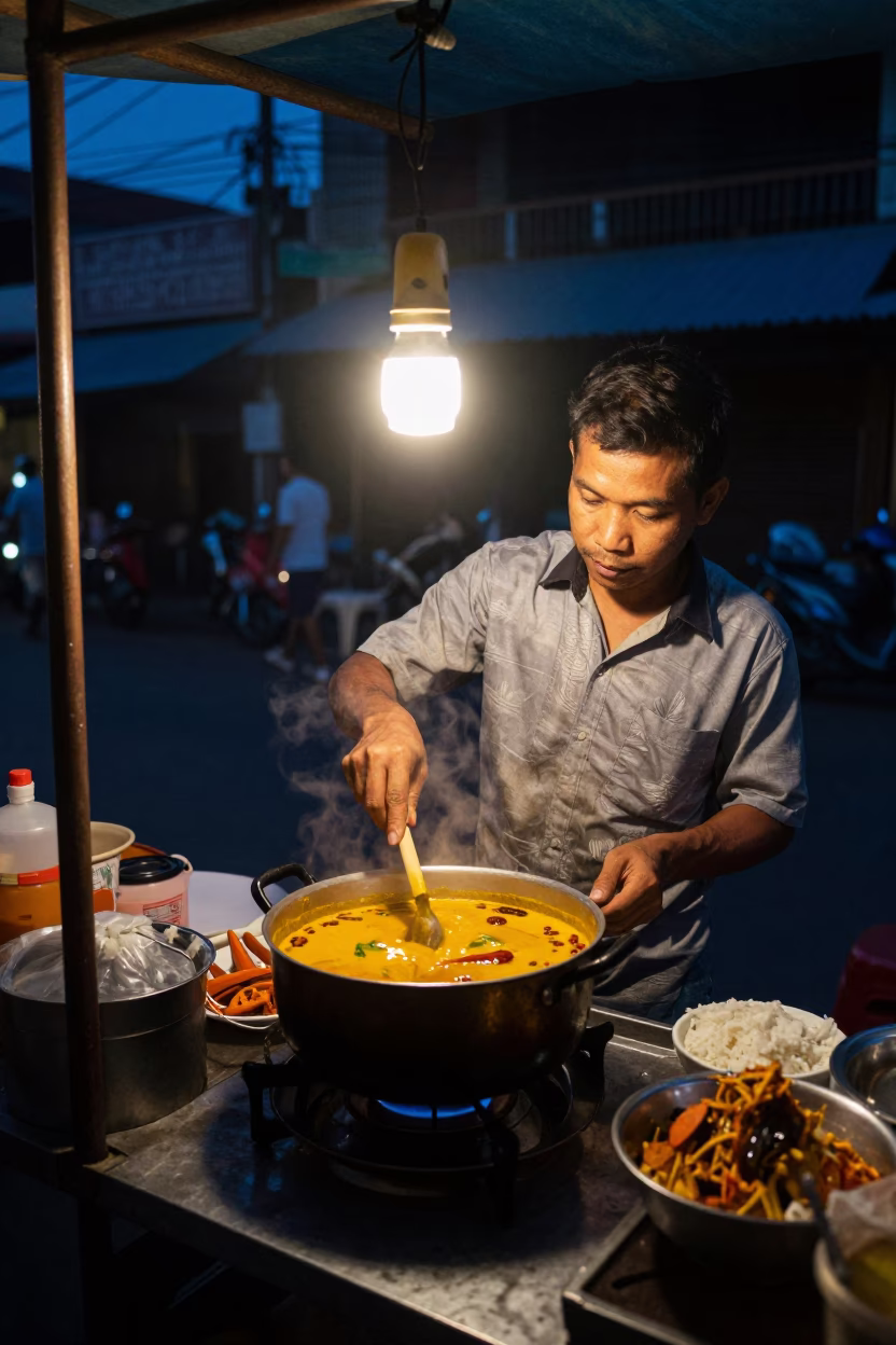 Phnom Penh Cambodia street food vendor preparing curry at predawn in in Phnom Penh, Cambodia