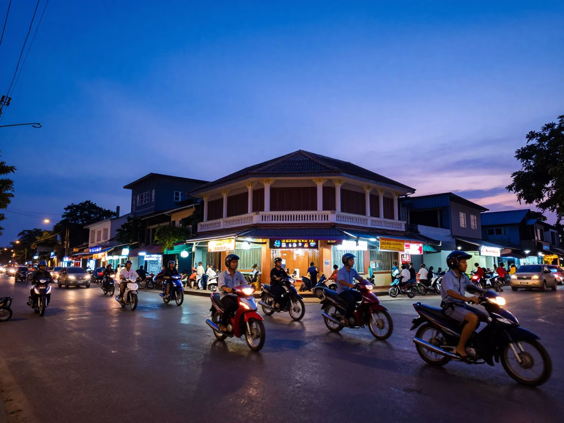 Phnom Penh Cambodia street scene at blue hour with motorcycle traffic and local commerce in in Phnom Penh, Cambodia