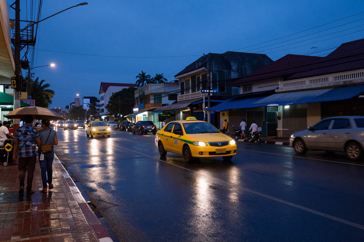 Phnom Penh Cambodia Street Scene at Blue Hour with Yellow Taxi and Rain Boots in in Phnom Penh, Cambodia