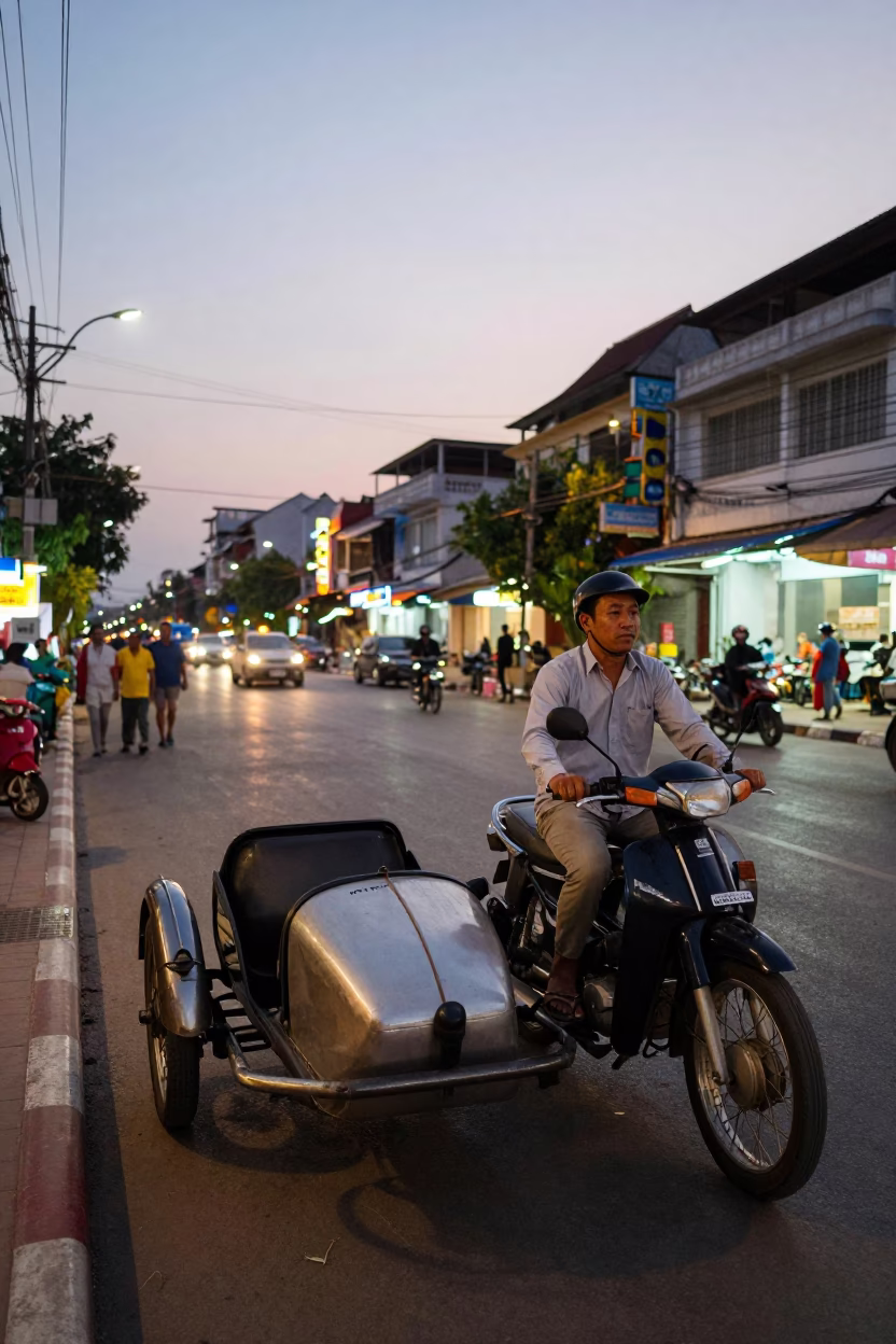 Phnom Penh Cambodia Street Scene at Dusk with Vintage Motorcycle Sidecar and Boot Scraper in in Phnom Penh, Cambodia