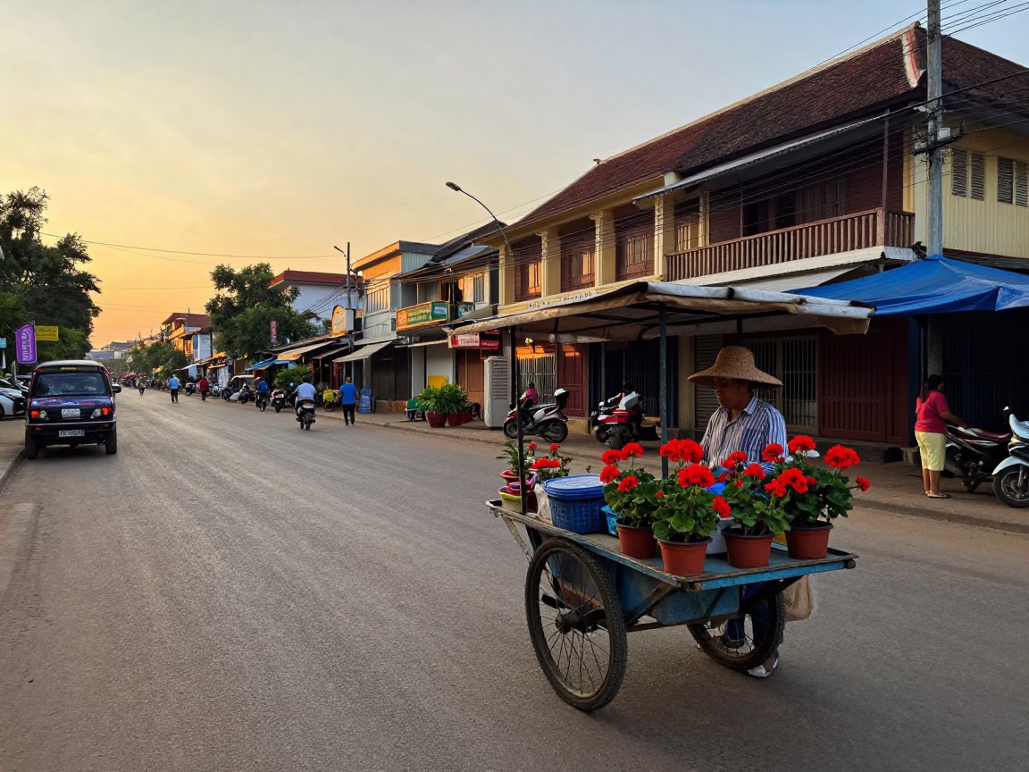 Phnom Penh Cambodia street scene at sunset with local vendor and potted geraniums in in Phnom Penh, Cambodia