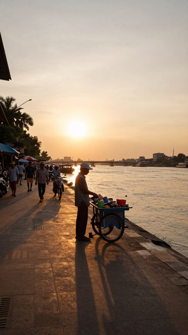 Phnom Penh Cambodia Street Scene at Sunset with Local Vendor and Water Rings in in Phnom Penh, Cambodia
