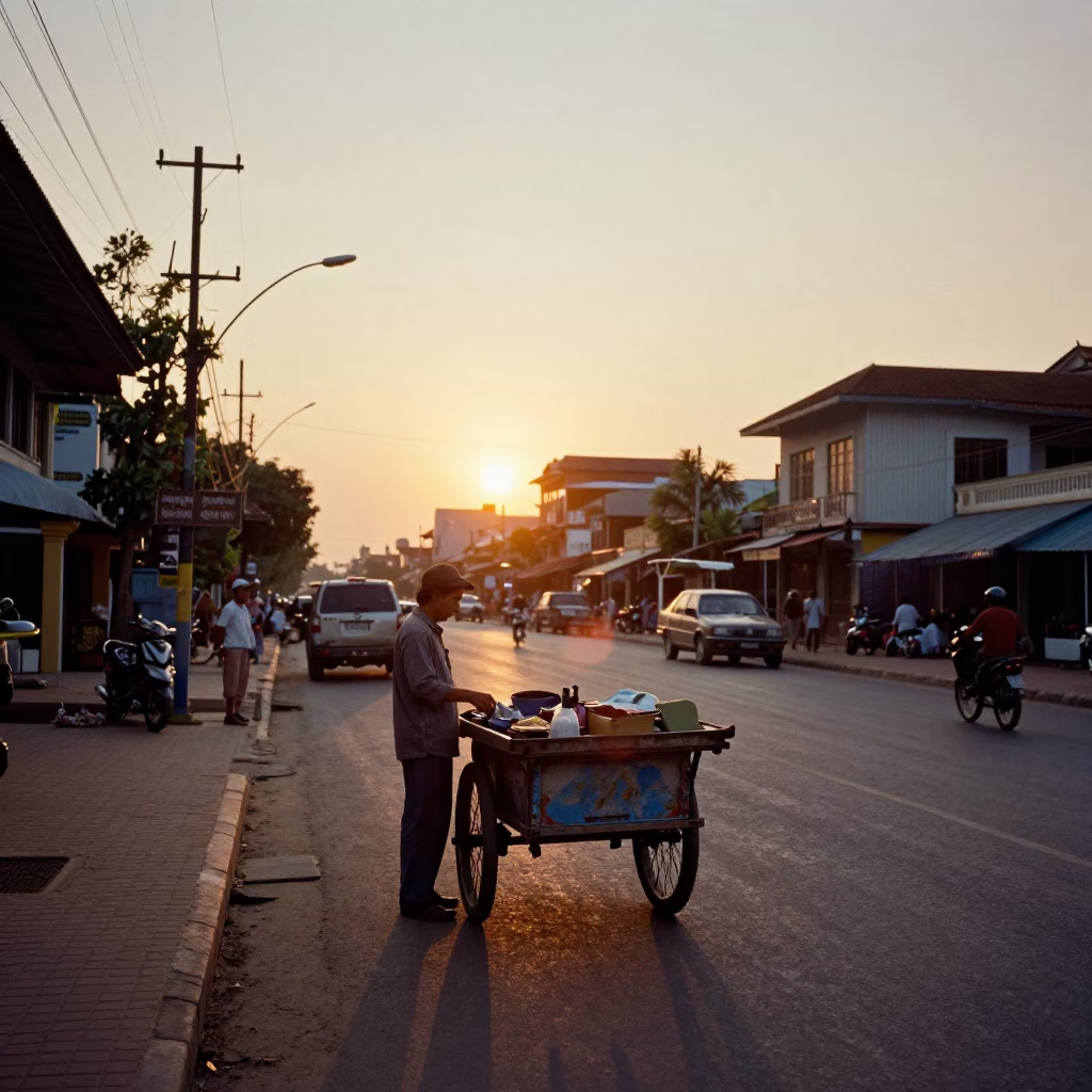 Phnom Penh Cambodia street scene at sunset with local vendor and wooden cart in in Phnom Penh, Cambodia