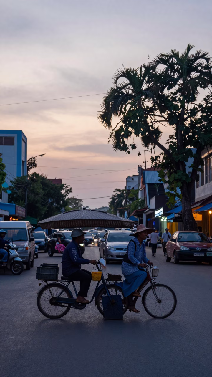 Phnom Penh Cambodia street scene before sunrise with street vendor and early morning activity in in Phnom Penh, Cambodia