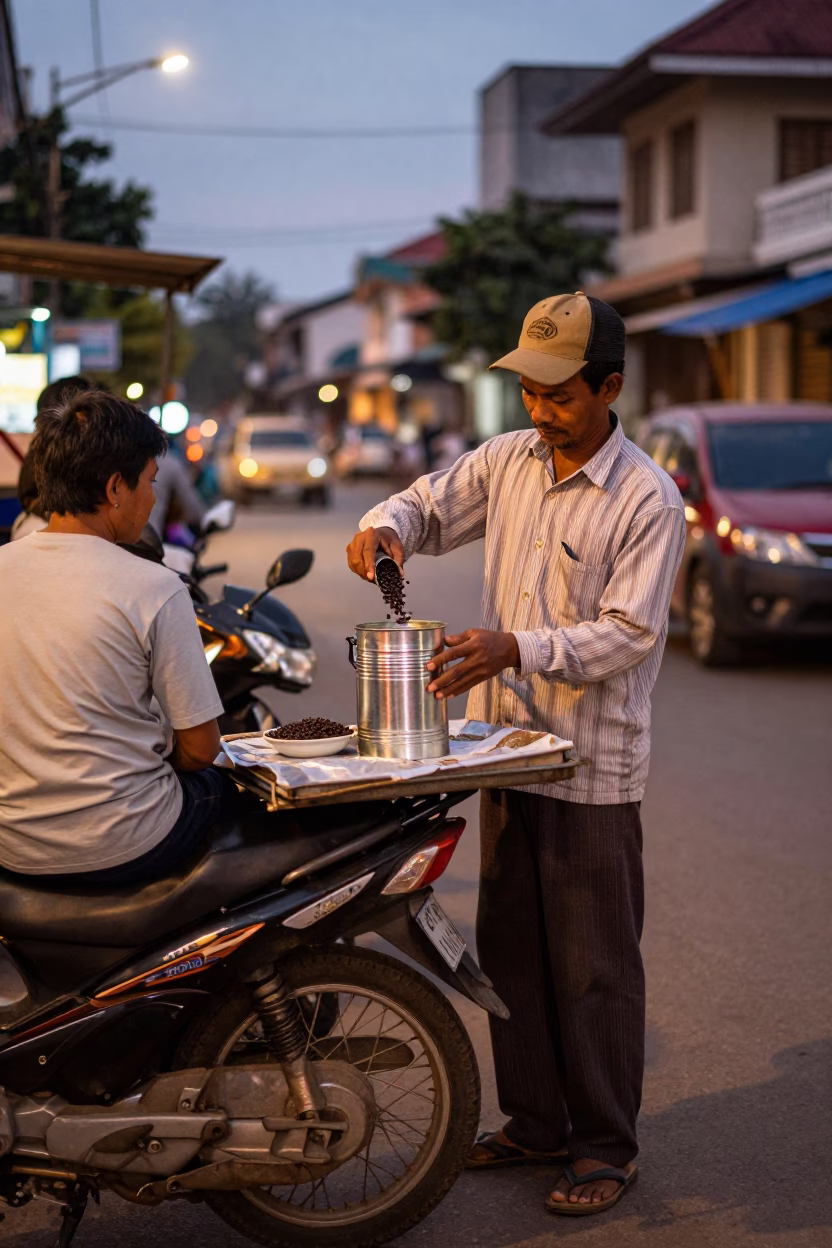 Phnom Penh Cambodia street scene copper dusk light coffee tin vendor interaction in in Phnom Penh, Cambodia