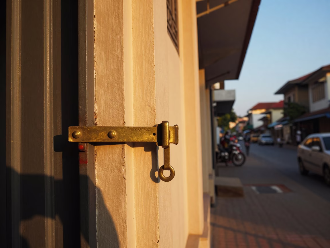 Phnom Penh Cambodia Street Scene Late Afternoon Light with Door Latch Detail in in Phnom Penh, Cambodia