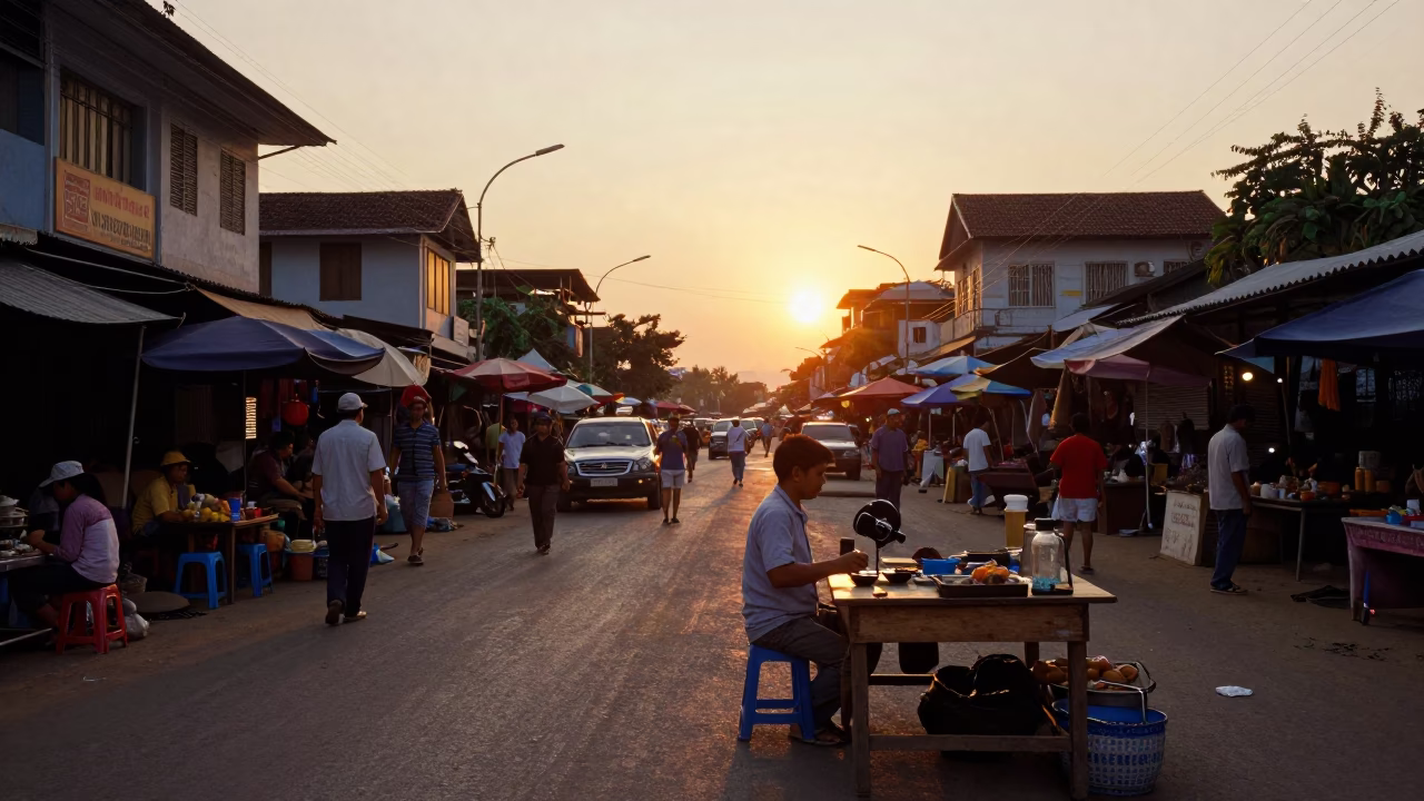 Phnom Penh Cambodia Street Scene with Golden Hour Light and Local Vendor in in Phnom Penh, Cambodia