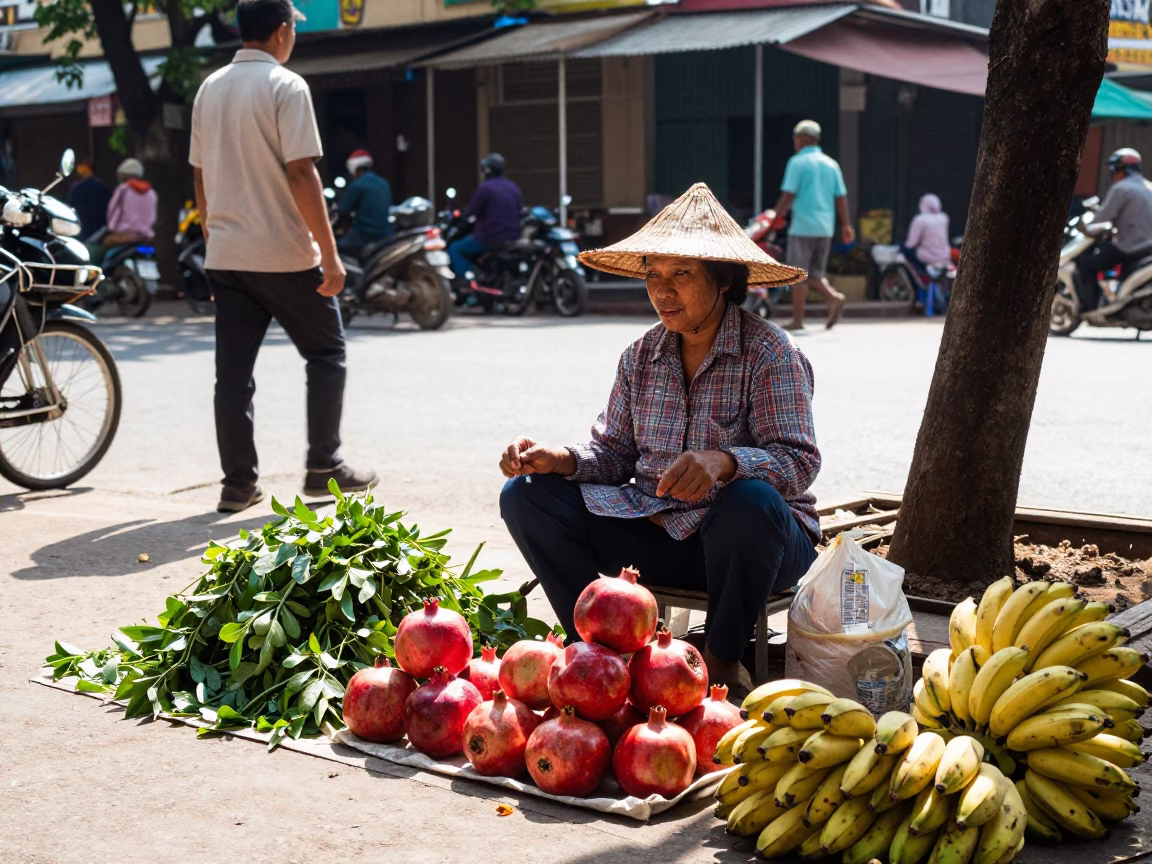 Phnom Penh Cambodia street scene with pomegranate vendor in bright midmorning light in in Phnom Penh, Cambodia