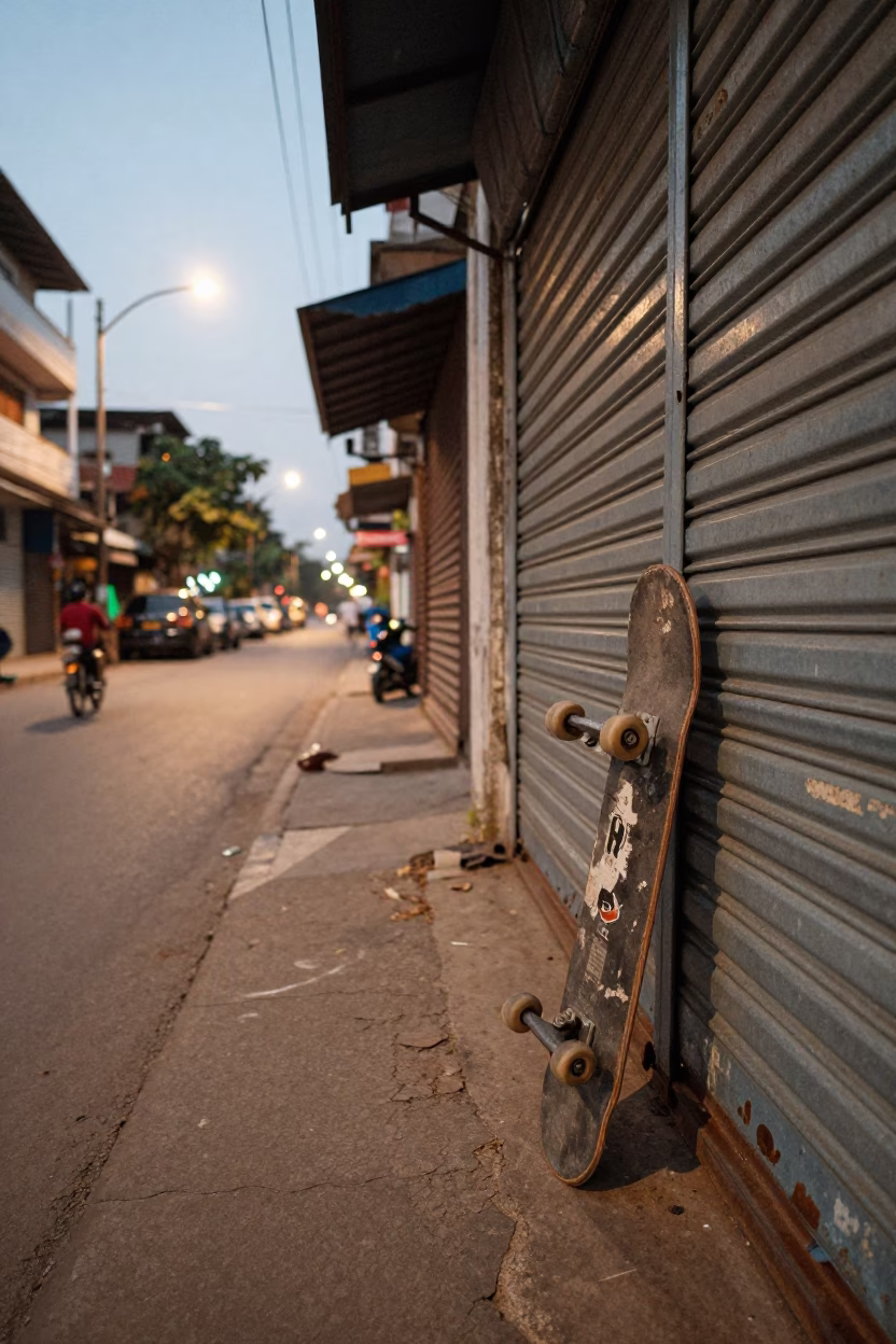 Phnom Penh Cambodia Street Scene with Skateboard at Dusk in in Phnom Penh, Cambodia