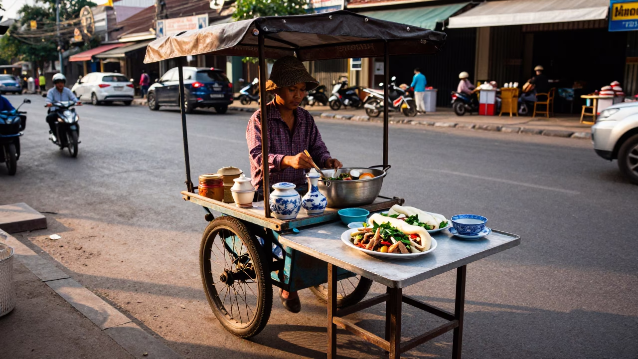 Phnom Penh Cambodia Street Scene with Vietnamese Bun Cha and Ceramic Tiles in in Phnom Penh, Cambodia