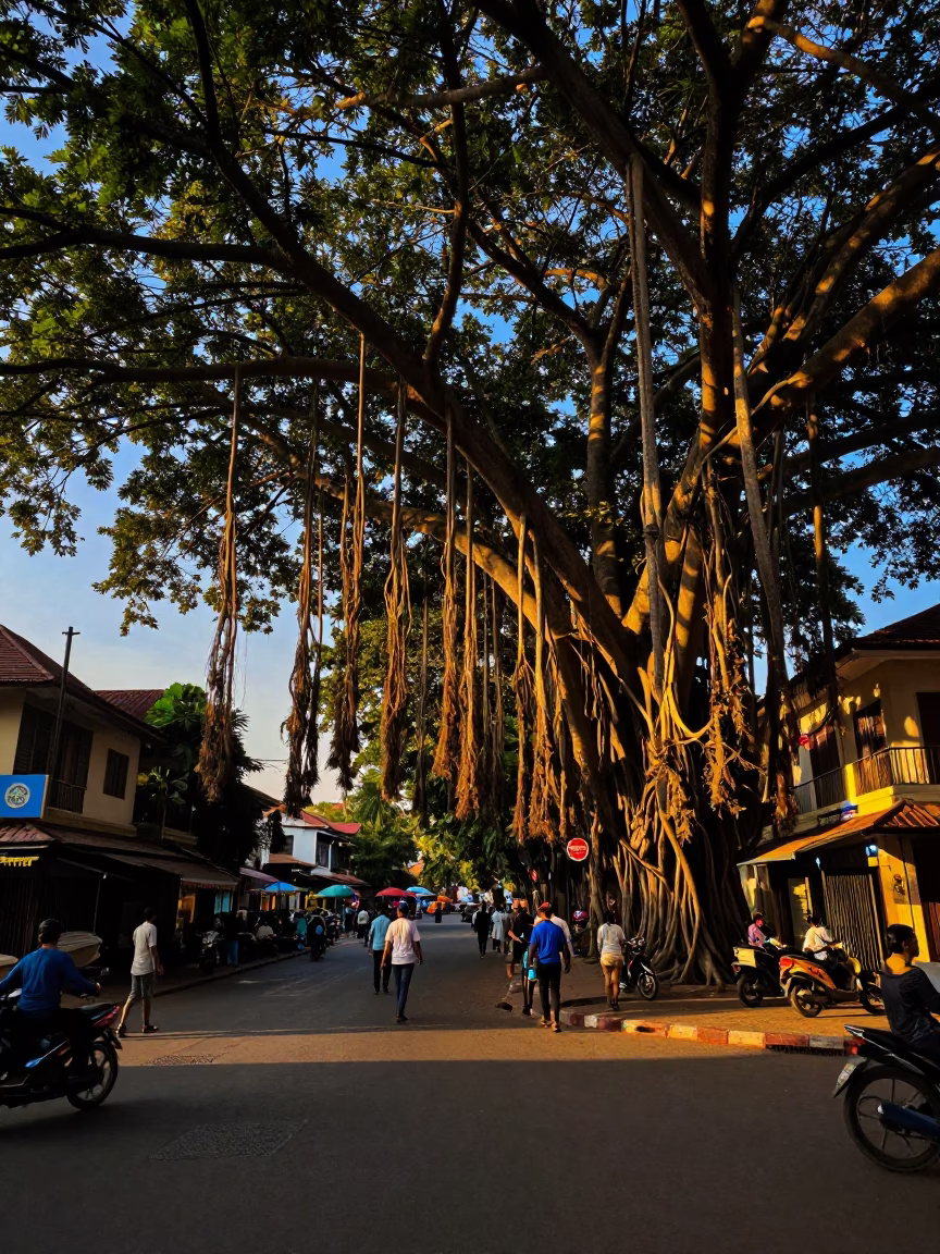 Phnom Penh Cambodia Sunset Street Scene with Banyan Grove and Local Commerce in in Phnom Penh, Cambodia