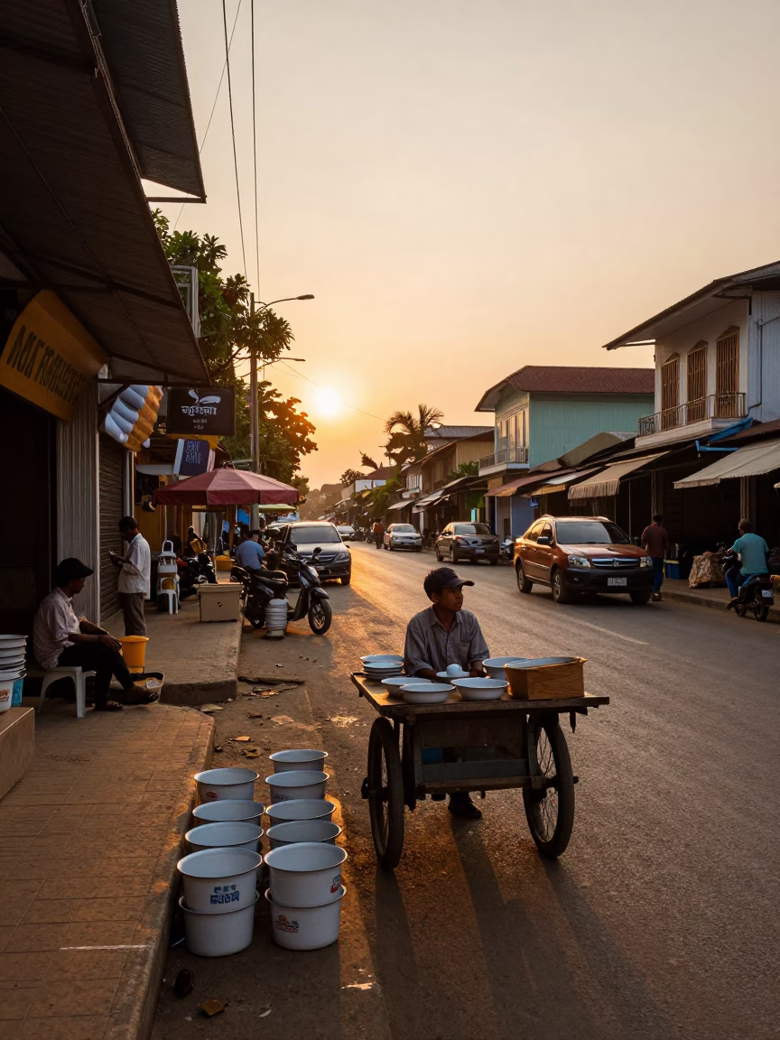 Phnom Penh Cambodia Sunset Street Scene with Enamel Bowls and Local Market Life in in Phnom Penh, Cambodia