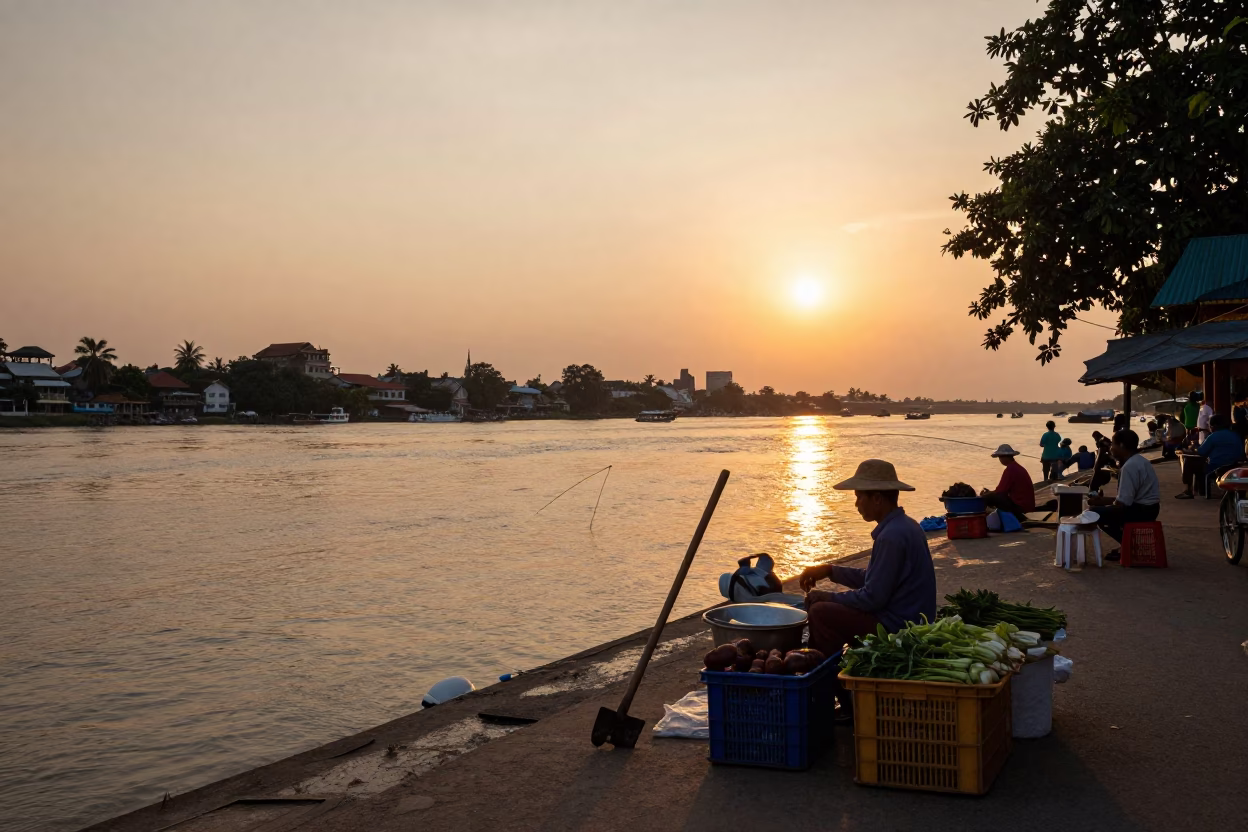 Phnom Penh Cambodia Sunset Street Scene with Hoe and Fishing Floats in in Phnom Penh, Cambodia