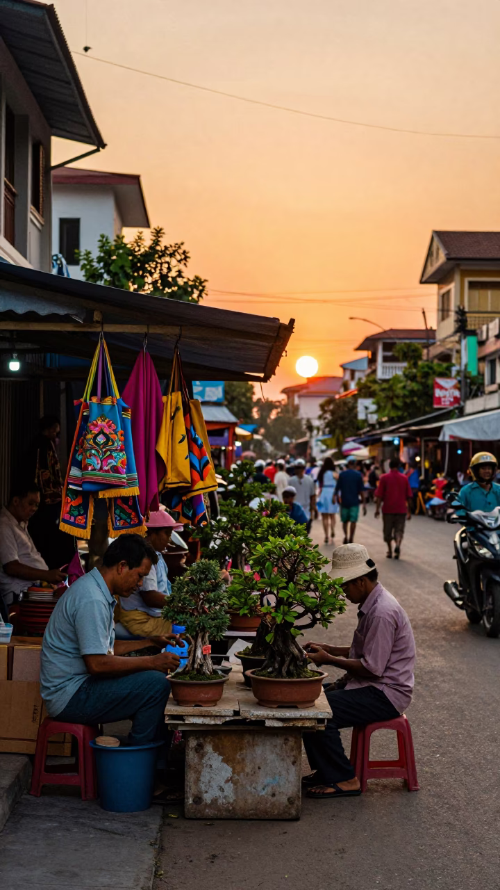 Phnom Penh Cambodia Sunset Street Scene with Local Craftsman and Colorful Bottles in in Phnom Penh, Cambodia