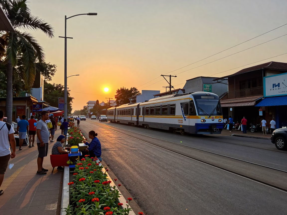 Phnom Penh Cambodia Sunset Street Scene with Monorail and Zinnias in in Phnom Penh, Cambodia