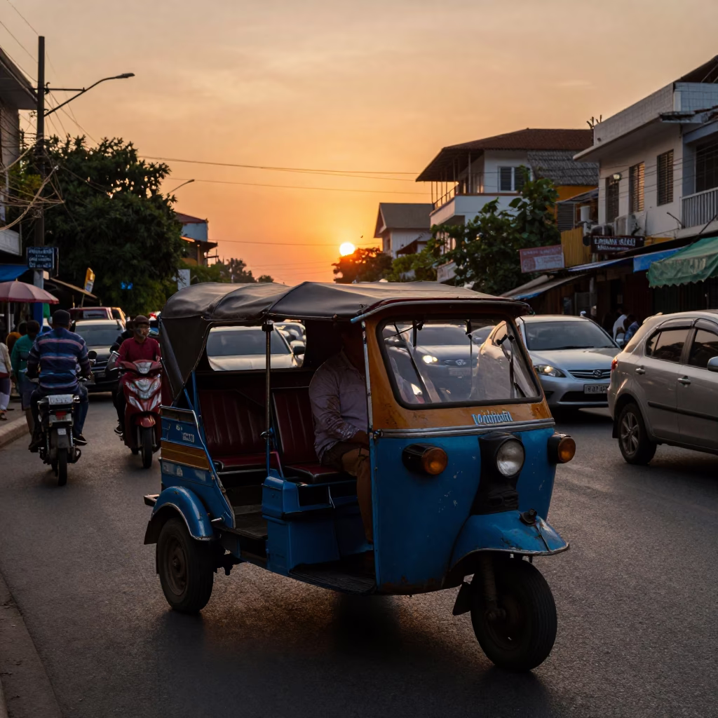 Phnom Penh Cambodia Sunset Street Scene with Vintage Auto Rickshaw and Local Life in in Phnom Penh, Cambodia
