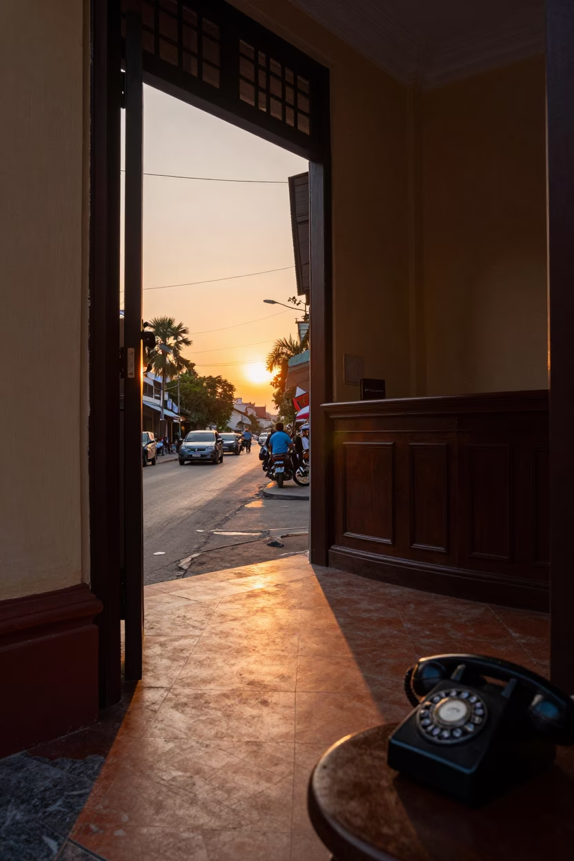 Phnom Penh Cambodia Sunset Street Scene with Vintage Bakelite Telephone on Hotel Reception in in Phnom Penh, Cambodia