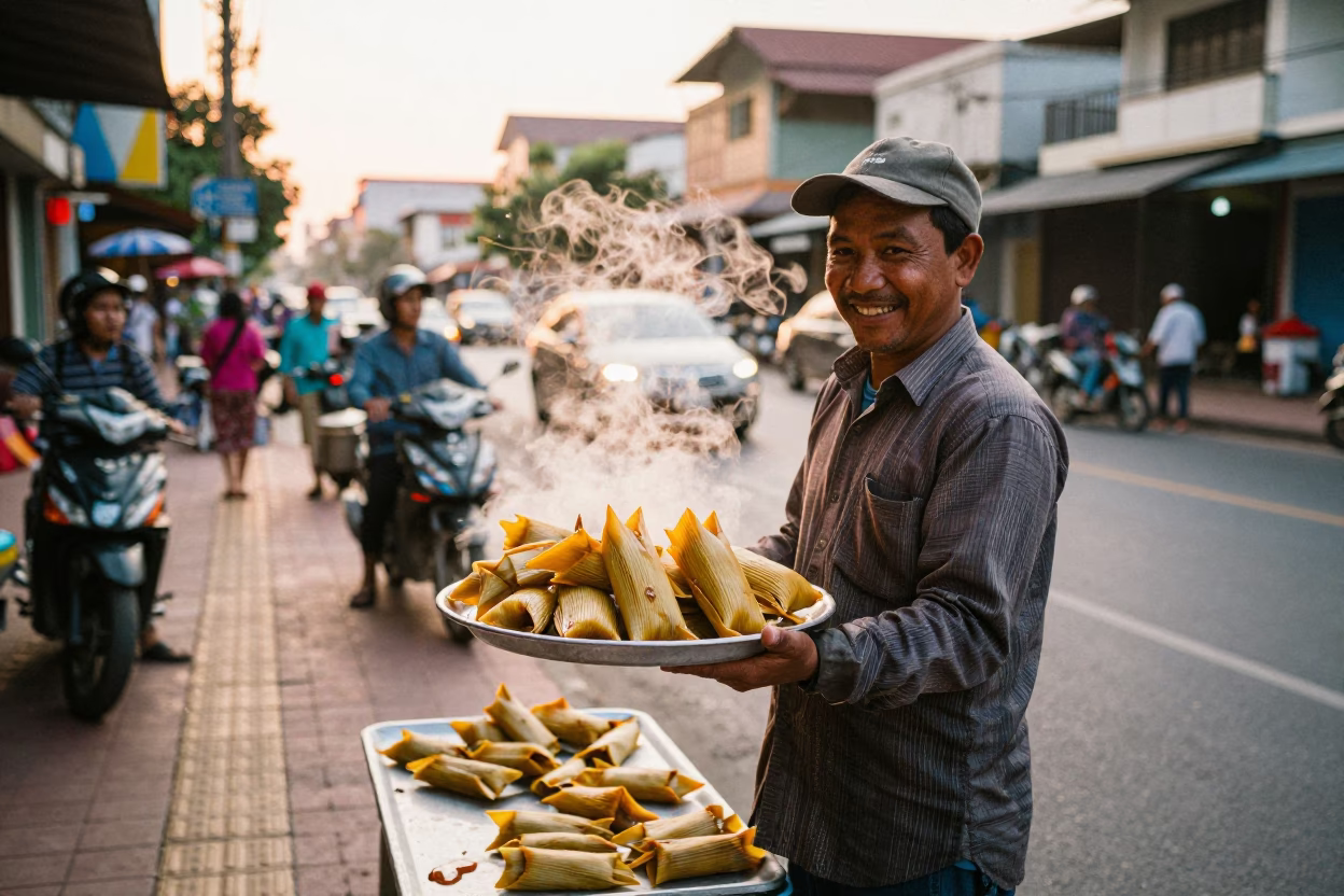 Phnom Penh Corn Tamales at Honeyed Evening Light in in Phnom Penh, Cambodia