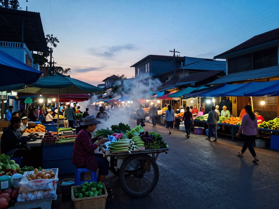 Phnom Penh Dawn Street Scene with Local Market Activity and Morning Mist in in Phnom Penh, Cambodia