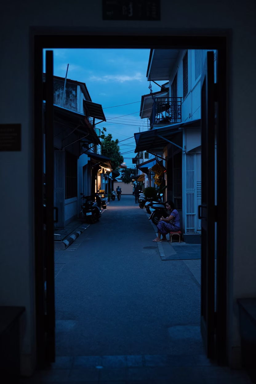 Phnom Penh Evening Blue Hour Street Scene with Doorframe and Local Interaction in in Phnom Penh, Cambodia