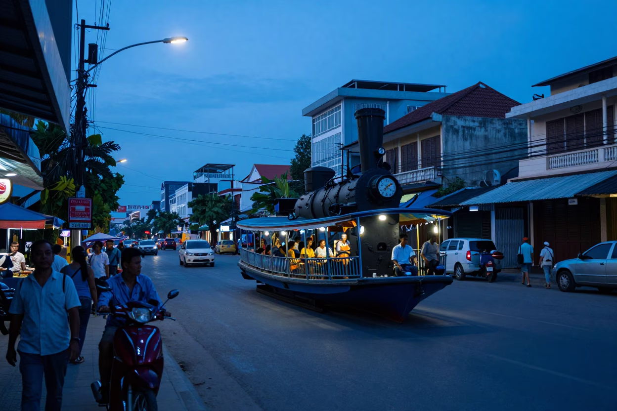 Phnom Penh Evening Blue Hour Street Scene with Steamboat on Mekong River in in Phnom Penh, Cambodia