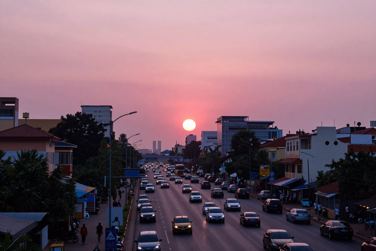 Phnom Penh Evening Highway Flyover Against Pink Horizon with Busy Street Life in in Phnom Penh, Cambodia