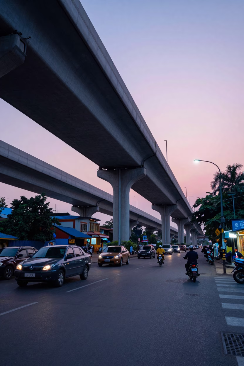 Phnom Penh Evening Street Scene with Highway Flyover and Local Market Activity in in Phnom Penh, Cambodia
