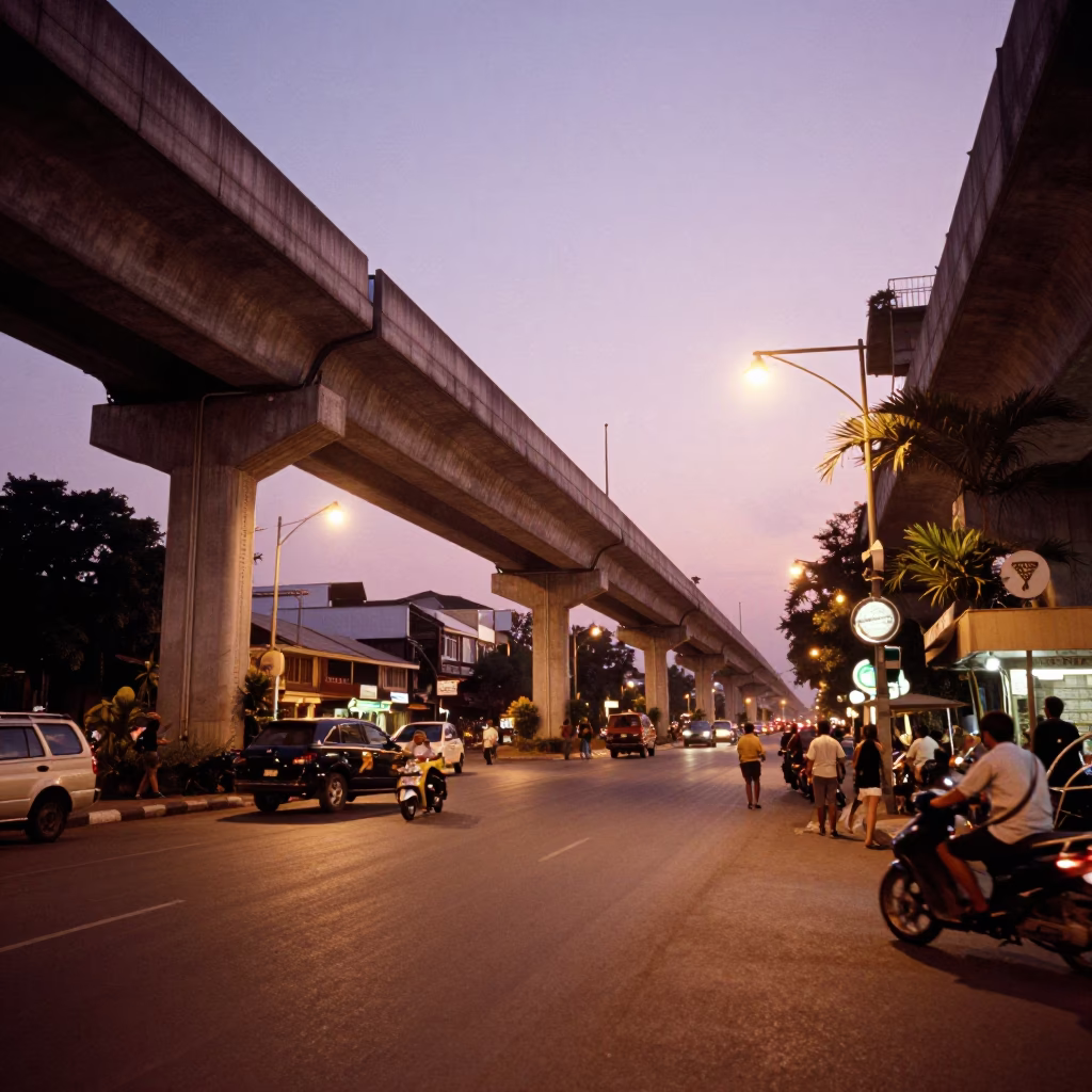 Phnom Penh Evening Street Scene with Overpass Ramp and Lantern-Lit Alleyway in in Phnom Penh, Cambodia
