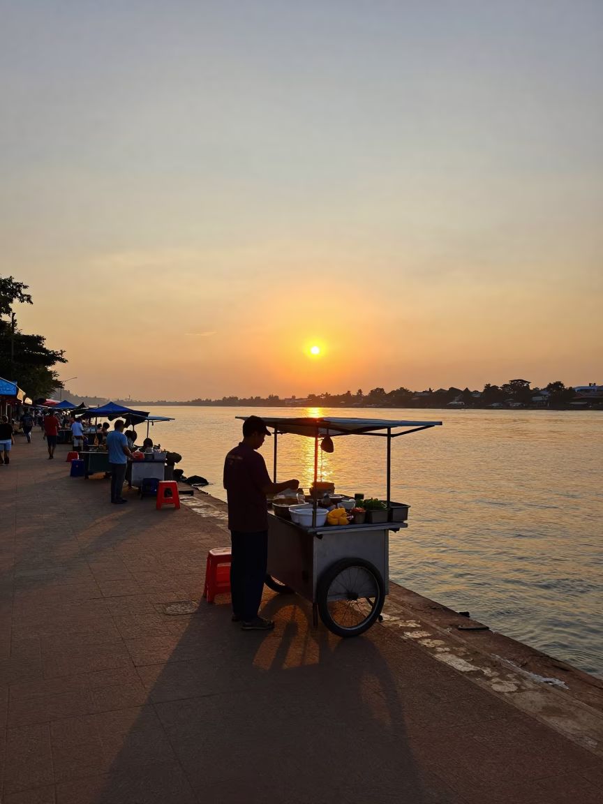 Phnom Penh Food Stall at As The Sun Drops Toward The Horizon in in Phnom Penh, Cambodia