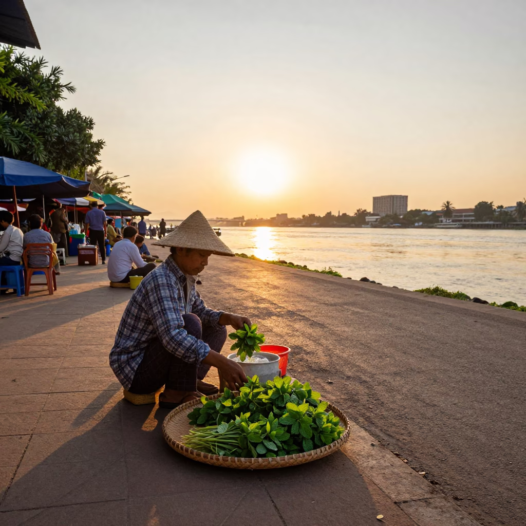 Phnom Penh Golden Hour Street Scene with Local Vendor and Fresh Mint Leaves in in Phnom Penh, Cambodia