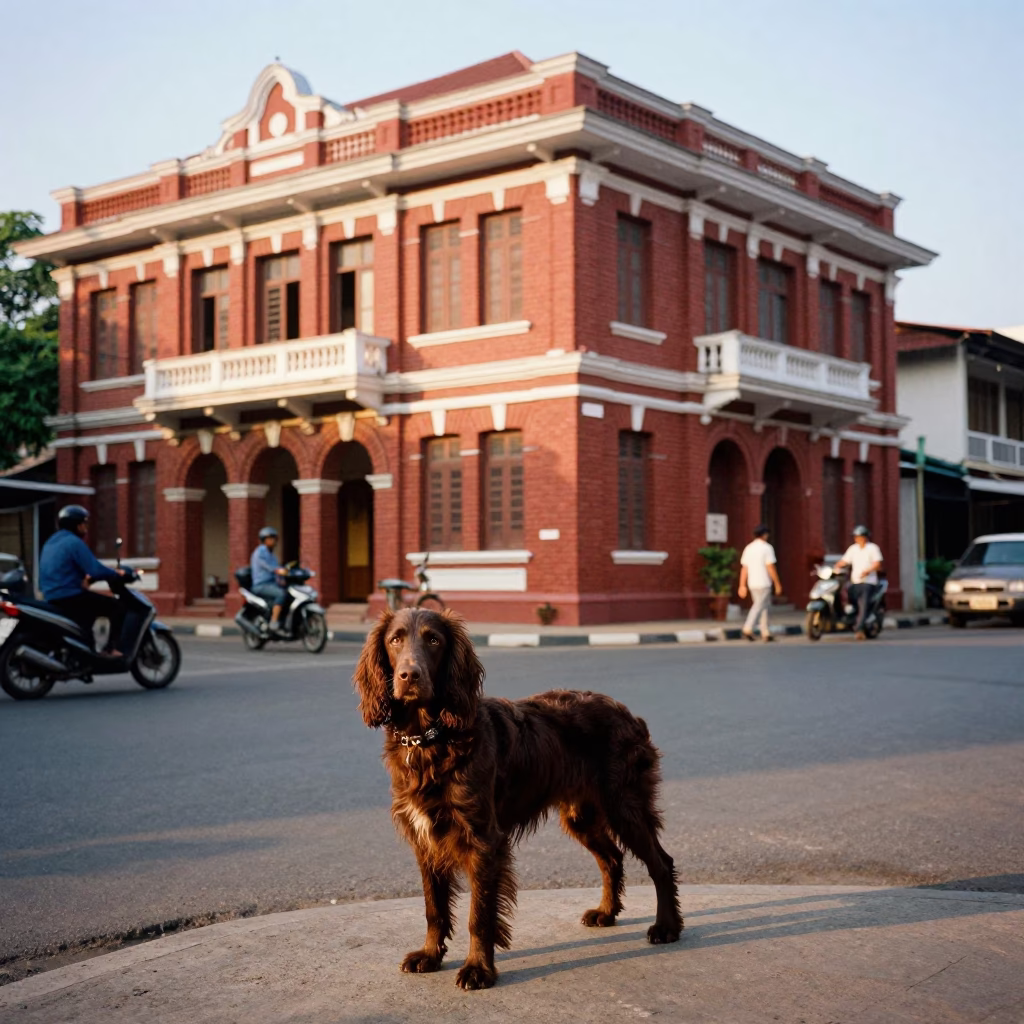 Phnom Penh Late Afternoon Street Scene with American Water Spaniel and Local Market Goods in in Phnom Penh, Cambodia