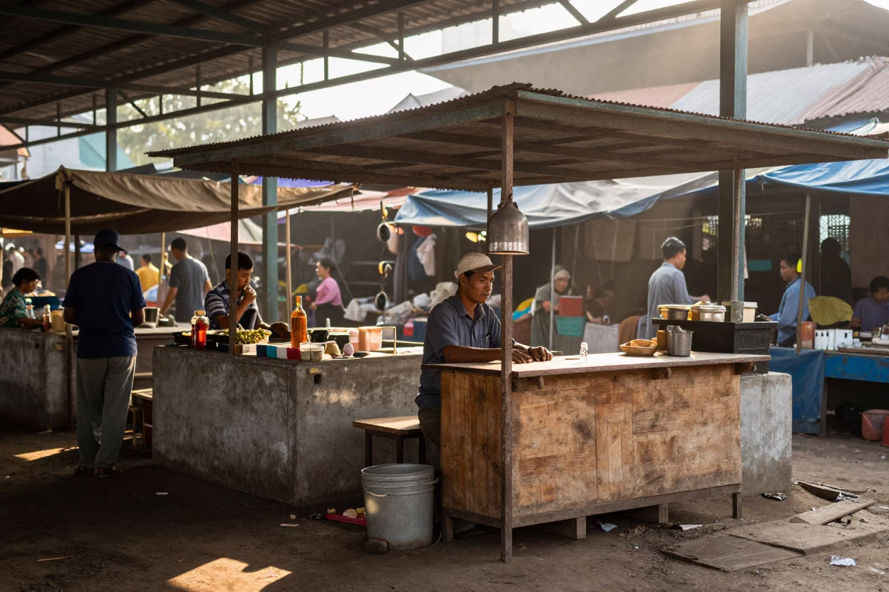 Phnom Penh Market Activity at As First Light Reaches The Scene in in Phnom Penh, Cambodia