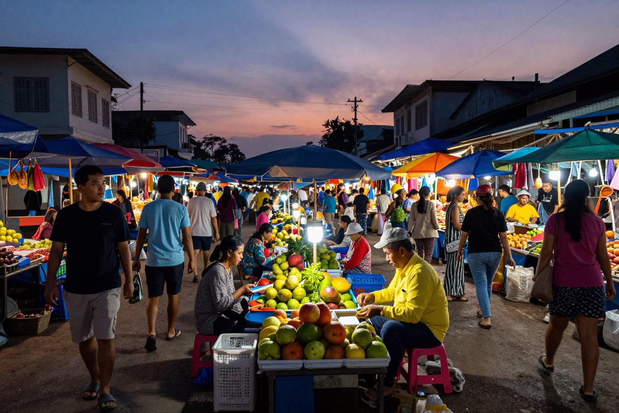 Phnom Penh Market Activity at Indigo Twilight After Sunset in in Phnom Penh, Cambodia